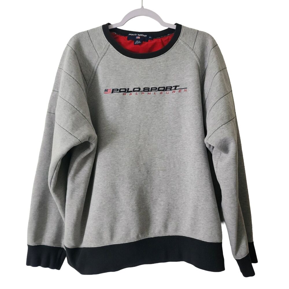 Vintage 90s Ralph Lauren Polo Sport Crewneck Sweatshirt XL Grey Spell Out Logo